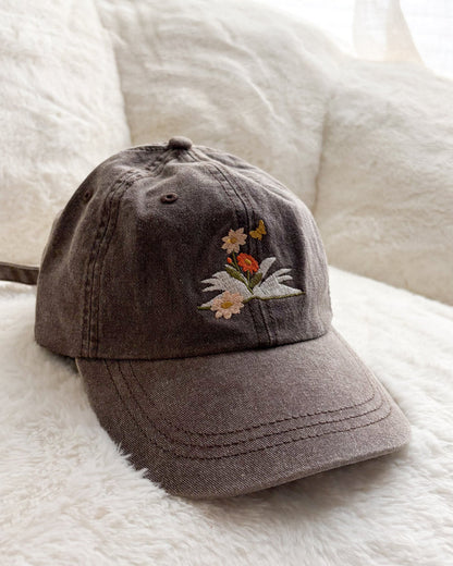 Book and Flowers Embroidered Pigment Dyed Cap - The Bean Workshop - Baseball Cap, Baseball Hat, cap, cotton twill cap, dad hat, Embroidered Bookish Cap, embroidered hat, hat, Reading Cap, Structured Twill Cap, Summer Bookworm Hat