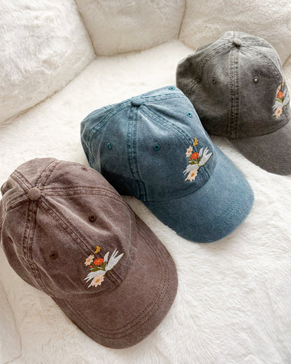 Book and Flowers Embroidered Pigment Dyed Cap - The Bean Workshop - Baseball Cap, Baseball Hat, cap, cotton twill cap, dad hat, Embroidered Bookish Cap, embroidered hat, hat, Reading Cap, Structured Twill Cap, Summer Bookworm Hat