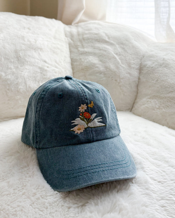 Book and Flowers Embroidered Pigment Dyed Cap - The Bean Workshop - Baseball Cap, Baseball Hat, cap, cotton twill cap, dad hat, Embroidered Bookish Cap, embroidered hat, hat, Reading Cap, Structured Twill Cap, Summer Bookworm Hat