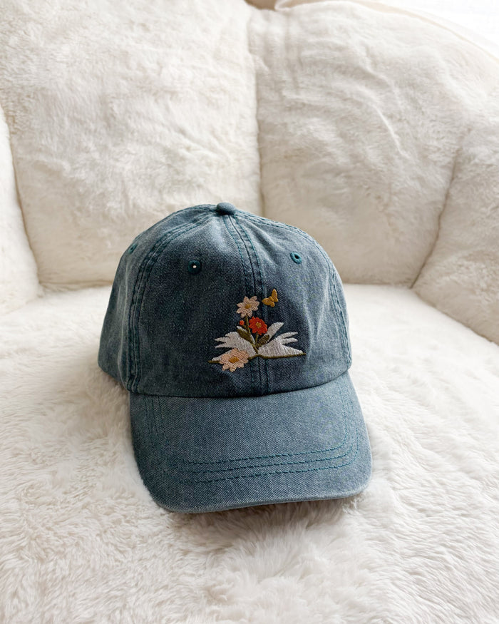 Book and Flowers Embroidered Pigment Dyed Cap - The Bean Workshop - Baseball Cap, Baseball Hat, cap, cotton twill cap, dad hat, Embroidered Bookish Cap, embroidered hat, hat, Reading Cap, Structured Twill Cap, Summer Bookworm Hat