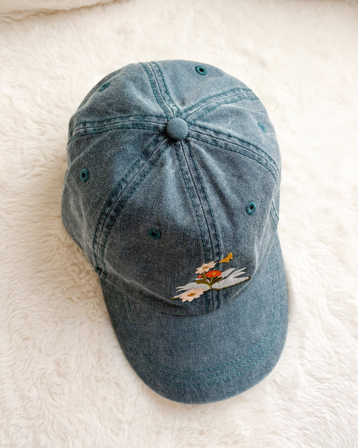 Book and Flowers Embroidered Pigment Dyed Cap - The Bean Workshop - Baseball Cap, Baseball Hat, cap, cotton twill cap, dad hat, Embroidered Bookish Cap, embroidered hat, hat, Reading Cap, Structured Twill Cap, Summer Bookworm Hat
