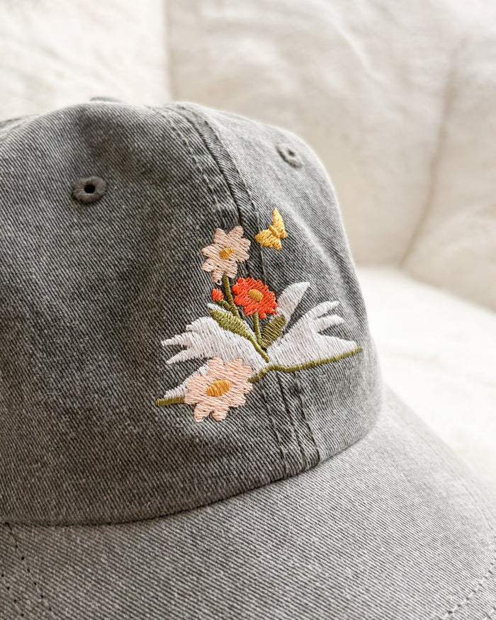 Book and Flowers Embroidered Pigment Dyed Cap - The Bean Workshop - Baseball Cap, Baseball Hat, cap, cotton twill cap, dad hat, Embroidered Bookish Cap, embroidered hat, hat, Reading Cap, Structured Twill Cap, Summer Bookworm Hat
