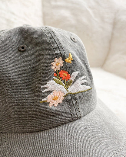 Book and Flowers Embroidered Pigment Dyed Cap - The Bean Workshop - Baseball Cap, Baseball Hat, cap, cotton twill cap, dad hat, Embroidered Bookish Cap, embroidered hat, hat, Reading Cap, Structured Twill Cap, Summer Bookworm Hat