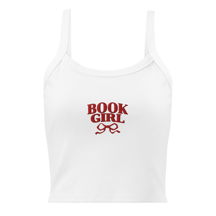 Book Girl Embroidered Tank Top - The Bean Workshop - Book Girl Tank Top, Book Lover Sleeveless Shirt, Bookish Summer Collection, Chic Bibliophile Tank, Reader Summer Top, Red Bow Literary Apparel, Women's Bookish Tank