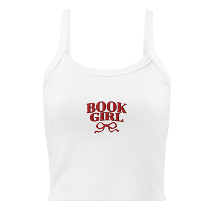 Book Girl Embroidered Tank Top - The Bean Workshop - Book Girl Tank Top, Book Lover Sleeveless Shirt, Bookish Summer Collection, Chic Bibliophile Tank, Reader Summer Top, Red Bow Literary Apparel, Women's Bookish Tank