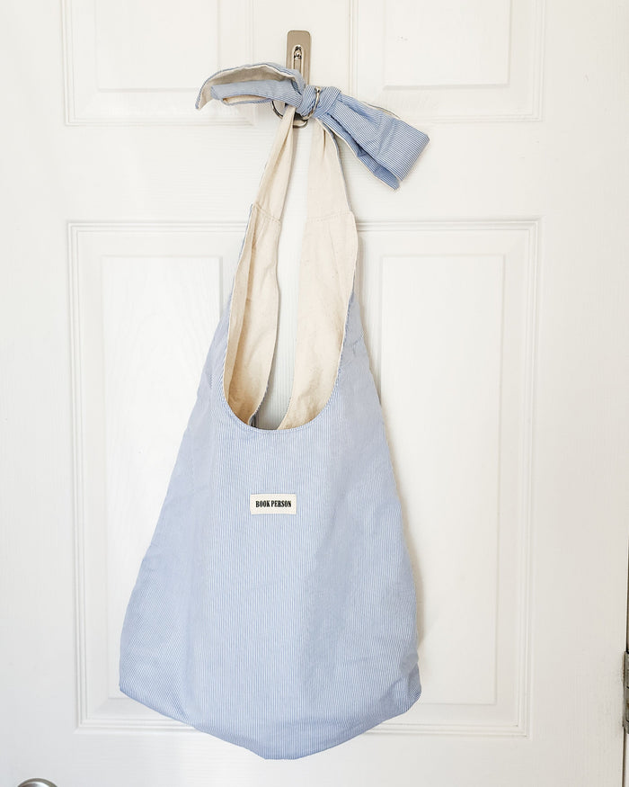 Book Person Blue Striped Extra Large Tote Bag with Bow Knot Handle - The Bean Workshop -