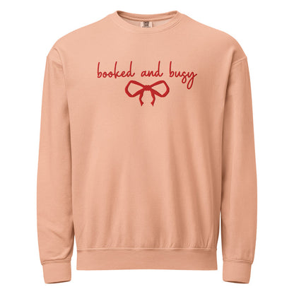 Booked and Busy Embroidered Fleece Crewneck Sweatshirt - The Bean Workshop - Coquette Aesthetic, Coquette Aesthetic Holiday Crewneck, Cozy Reading, Embroidered Bow, Embroidered Bow Sweatshirt for Readers, Embroidered Sweatshirt, Fleece Crewneck, Holiday Apparel, Holiday Gifting, Minimalist Christmas, Minimalist Christmas Book Lover Gift, Red Bow