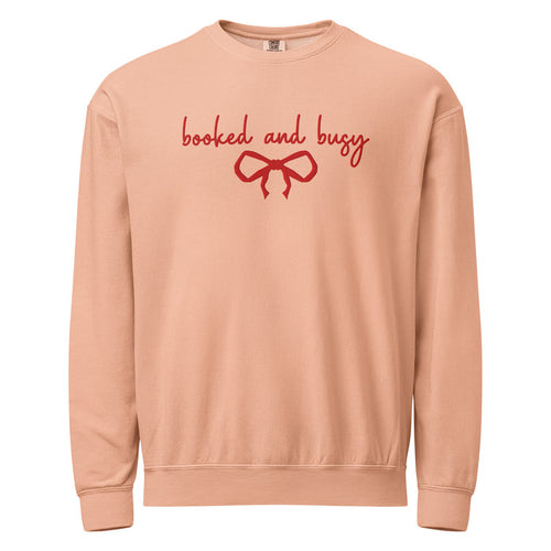 Booked and Busy Embroidered Fleece Crewneck Sweatshirt - The Bean Workshop - Coquette Aesthetic, Coquette Aesthetic Holiday Crewneck, Cozy Reading, Embroidered Bow, Embroidered Bow Sweatshirt for Readers, Embroidered Sweatshirt, Fleece Crewneck, Holiday Apparel, Holiday Gifting, Minimalist Christmas, Minimalist Christmas Book Lover Gift, Red Bow