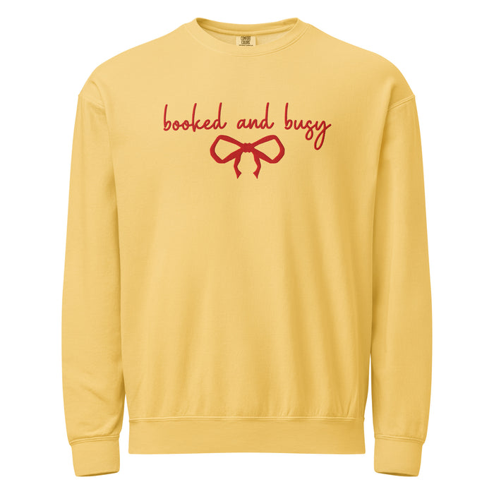 Booked and Busy Embroidered Fleece Crewneck Sweatshirt - The Bean Workshop - Coquette Aesthetic, Coquette Aesthetic Holiday Crewneck, Cozy Reading, Embroidered Bow, Embroidered Bow Sweatshirt for Readers, Embroidered Sweatshirt, Fleece Crewneck, Holiday Apparel, Holiday Gifting, Minimalist Christmas, Minimalist Christmas Book Lover Gift, Red Bow