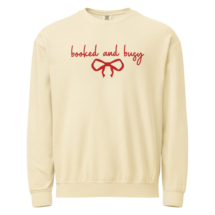 Booked and Busy Embroidered Fleece Crewneck Sweatshirt - The Bean Workshop - Coquette Aesthetic, Coquette Aesthetic Holiday Crewneck, Cozy Reading, Embroidered Bow, Embroidered Bow Sweatshirt for Readers, Embroidered Sweatshirt, Fleece Crewneck, Holiday Apparel, Holiday Gifting, Minimalist Christmas, Minimalist Christmas Book Lover Gift, Red Bow