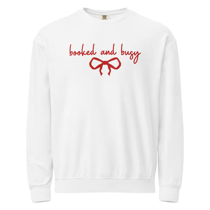 Booked and Busy Embroidered Fleece Crewneck Sweatshirt - The Bean Workshop - Coquette Aesthetic, Coquette Aesthetic Holiday Crewneck, Cozy Reading, Embroidered Bow, Embroidered Bow Sweatshirt for Readers, Embroidered Sweatshirt, Fleece Crewneck, Holiday Apparel, Holiday Gifting, Minimalist Christmas, Minimalist Christmas Book Lover Gift, Red Bow