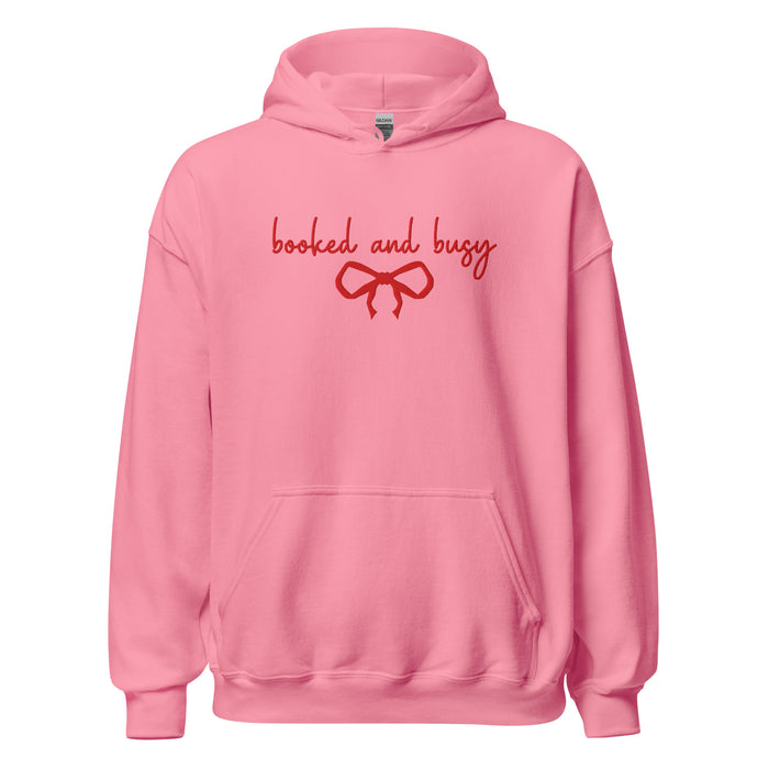 Booked and Busy Embroidered Hoodie - The Bean Workshop - Balletcore, Coquette Aesthetic, Embroidered Bow, Embroidered Bow Hoodie for Book Lovers, Embroidered Hoodie, Feminine Holiday Reader Gift, Fleece Pullover, Holiday Hoodie, Minimalist, Minimalist Coquette Christmas Pullover, Premium Gifting, Red Bow, Winter Loungewear