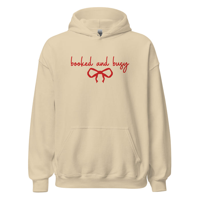Booked and Busy Embroidered Hoodie - The Bean Workshop - Balletcore, Coquette Aesthetic, Embroidered Bow, Embroidered Bow Hoodie for Book Lovers, Embroidered Hoodie, Feminine Holiday Reader Gift, Fleece Pullover, Holiday Hoodie, Minimalist, Minimalist Coquette Christmas Pullover, Premium Gifting, Red Bow, Winter Loungewear