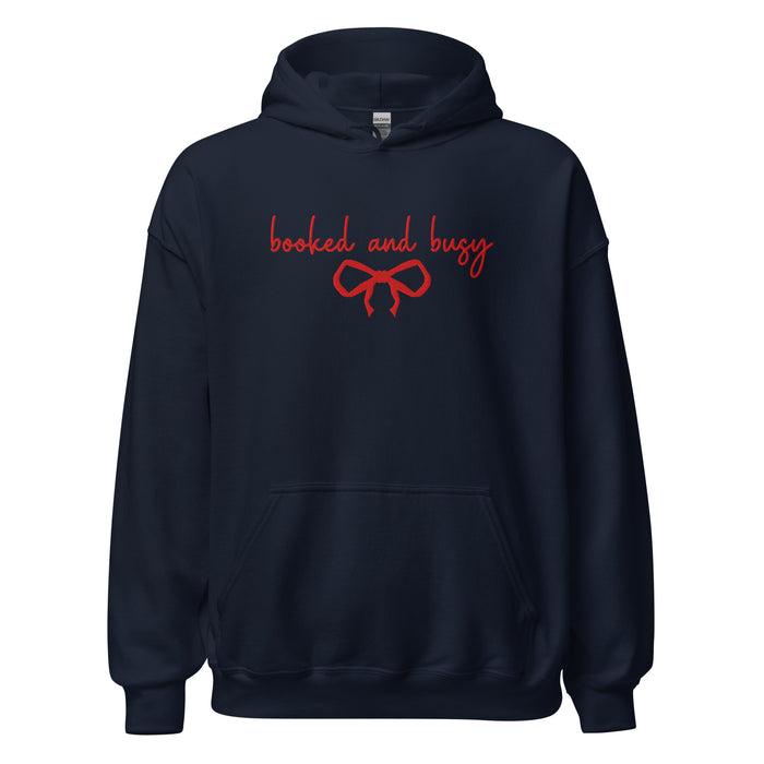 Booked and Busy Embroidered Hoodie - The Bean Workshop - Balletcore, Coquette Aesthetic, Embroidered Bow, Embroidered Bow Hoodie for Book Lovers, Embroidered Hoodie, Feminine Holiday Reader Gift, Fleece Pullover, Holiday Hoodie, Minimalist, Minimalist Coquette Christmas Pullover, Premium Gifting, Red Bow, Winter Loungewear