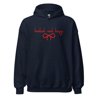 Booked and Busy Embroidered Hoodie - The Bean Workshop - Balletcore, Coquette Aesthetic, Embroidered Bow, Embroidered Bow Hoodie for Book Lovers, Embroidered Hoodie, Feminine Holiday Reader Gift, Fleece Pullover, Holiday Hoodie, Minimalist, Minimalist Coquette Christmas Pullover, Premium Gifting, Red Bow, Winter Loungewear