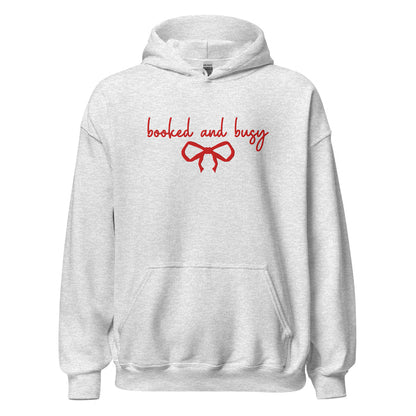 Booked and Busy Embroidered Hoodie - The Bean Workshop - Balletcore, Coquette Aesthetic, Embroidered Bow, Embroidered Bow Hoodie for Book Lovers, Embroidered Hoodie, Feminine Holiday Reader Gift, Fleece Pullover, Holiday Hoodie, Minimalist, Minimalist Coquette Christmas Pullover, Premium Gifting, Red Bow, Winter Loungewear