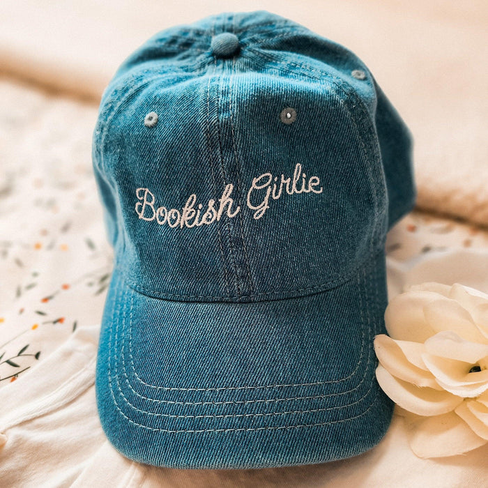 Bookish Girlie Embroidered Denim Hat - The Bean Workshop - book lover, bookish, bow, coquette, embroidered, hat, read everyday, reading accessories