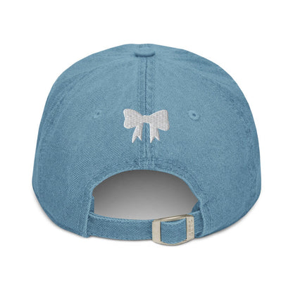 Bookish Girlie Embroidered Denim Hat - The Bean Workshop - book lover, bookish, bow, coquette, embroidered, hat, read everyday, reading accessories