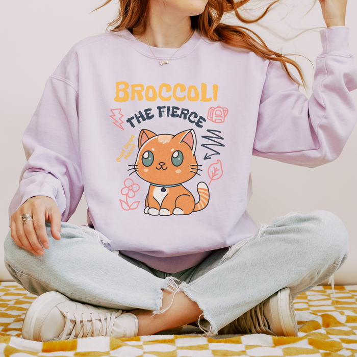Broccoli the Fierce Heavyweight Sweatshirt - The Bean Workshop - Basgiath War College, Book Lover Gift, Bookish Cat, Booktok, Broccoli the Fierce, Chibi Art, Cute Romantasy, Dragon Rider, Empyrean Series, Fantasy Reader., Fourth Wing Merch, Iron Flame Merch, Kawaii, Liam Mairi, Quest Squad Mascot, Rebecca Yarros, sweatshirt, Violet Sorrengail, Xaden Riorson