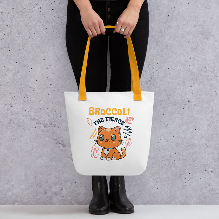 Broccoli the Fierce Tote Bag - The Bean Workshop - Basgiath War College, Book Lover Gift, Bookish Cat, Booktok, Broccoli the Fierce, Chibi Art, Cute Romantasy, Dragon Rider, Empyrean Series, Fantasy Reader., Fourth Wing Merch, Iron Flame Merch, Kawaii, Liam Mairi, Quest Squad Mascot, Rebecca Yarros, tote, Violet Sorrengail, Xaden Riorson