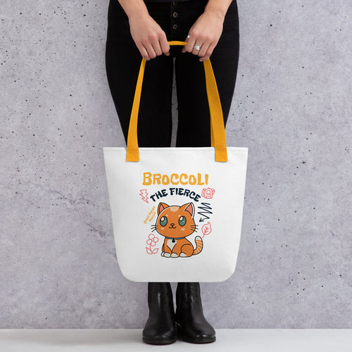 Broccoli the Fierce Tote Bag - The Bean Workshop - Basgiath War College, Book Lover Gift, Bookish Cat, Booktok, Broccoli the Fierce, Chibi Art, Cute Romantasy, Dragon Rider, Empyrean Series, Fantasy Reader., Fourth Wing Merch, Iron Flame Merch, Kawaii, Liam Mairi, Quest Squad Mascot, Rebecca Yarros, tote, Violet Sorrengail, Xaden Riorson