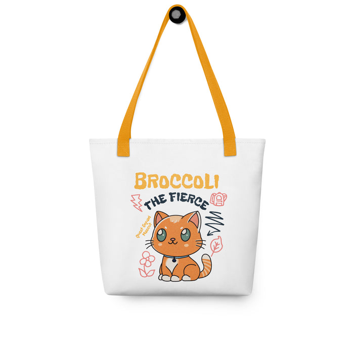 Broccoli the Fierce Tote Bag - The Bean Workshop - Basgiath War College, Book Lover Gift, Bookish Cat, Booktok, Broccoli the Fierce, Chibi Art, Cute Romantasy, Dragon Rider, Empyrean Series, Fantasy Reader., Fourth Wing Merch, Iron Flame Merch, Kawaii, Liam Mairi, Quest Squad Mascot, Rebecca Yarros, tote, Violet Sorrengail, Xaden Riorson