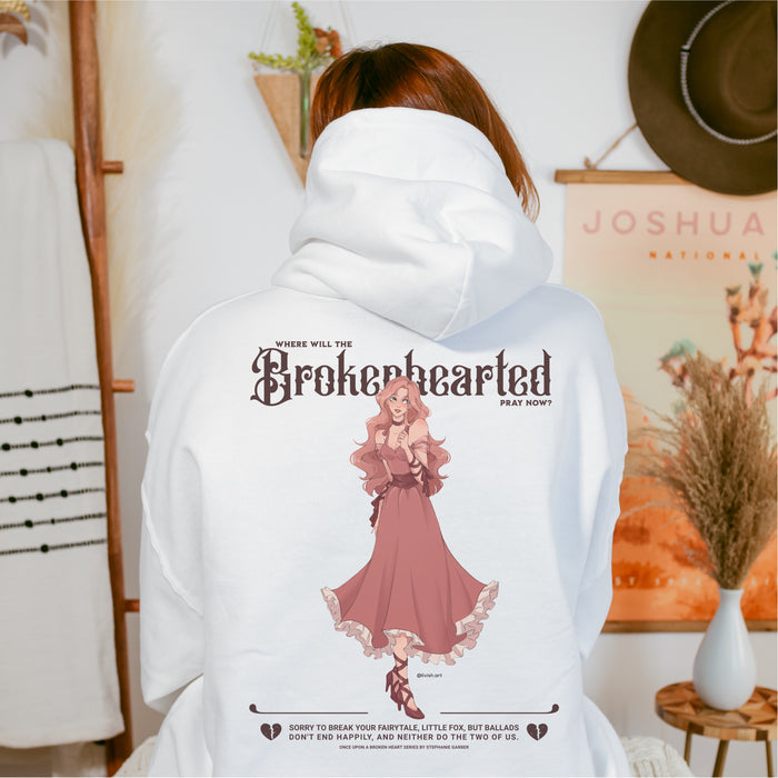 Brokenhearted Embroidered Hoodie - The Bean Workshop - Angsty Aesthetic, Brokenhearted, Coquette Vibe, Embroidered, Embroidered Front Detail, Evangeline Fox Back Print Hoodie, hoodie, Jacks and Evangeline, Jacks Quote Sweatshirt, Once Upon A Broken Heart, Pink Dress Illustration, Prince of Hearts, Stephanie Garber, Winter Reading