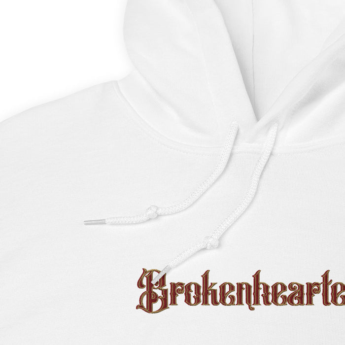 Brokenhearted Embroidered Hoodie - The Bean Workshop - Angsty Aesthetic, Brokenhearted, Coquette Vibe, Embroidered, Embroidered Front Detail, Evangeline Fox Back Print Hoodie, hoodie, Jacks and Evangeline, Jacks Quote Sweatshirt, Once Upon A Broken Heart, Pink Dress Illustration, Prince of Hearts, Stephanie Garber, Winter Reading