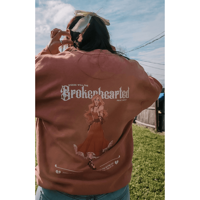 Brokenhearted Embroidered Premium Sweatshirt - The Bean Workshop - Back Print Design, Character Art, Cozy Loungewear, evangeline fox, Evangeline Fox Crewneck, Jacks and Evangeline, jacks prince of hearts, Little Fox, Long Sleeve Top, once upon a broken heart, ouabh, Red Embroidery Jumper, stephanie garber, sweatshirt, The Ballad of Never After, Where Will The Brokenhearted Pray Sweatshirt, Whimsical Aesthetic