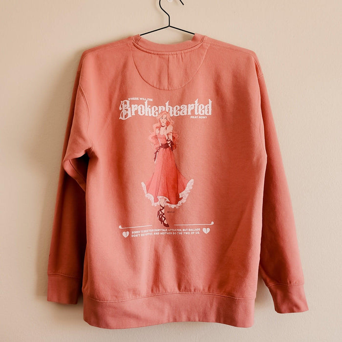 Brokenhearted Embroidered Premium Sweatshirt - The Bean Workshop - Back Print Design, Character Art, Cozy Loungewear, evangeline fox, Evangeline Fox Crewneck, Jacks and Evangeline, jacks prince of hearts, Little Fox, Long Sleeve Top, once upon a broken heart, ouabh, Red Embroidery Jumper, stephanie garber, sweatshirt, The Ballad of Never After, Where Will The Brokenhearted Pray Sweatshirt, Whimsical Aesthetic