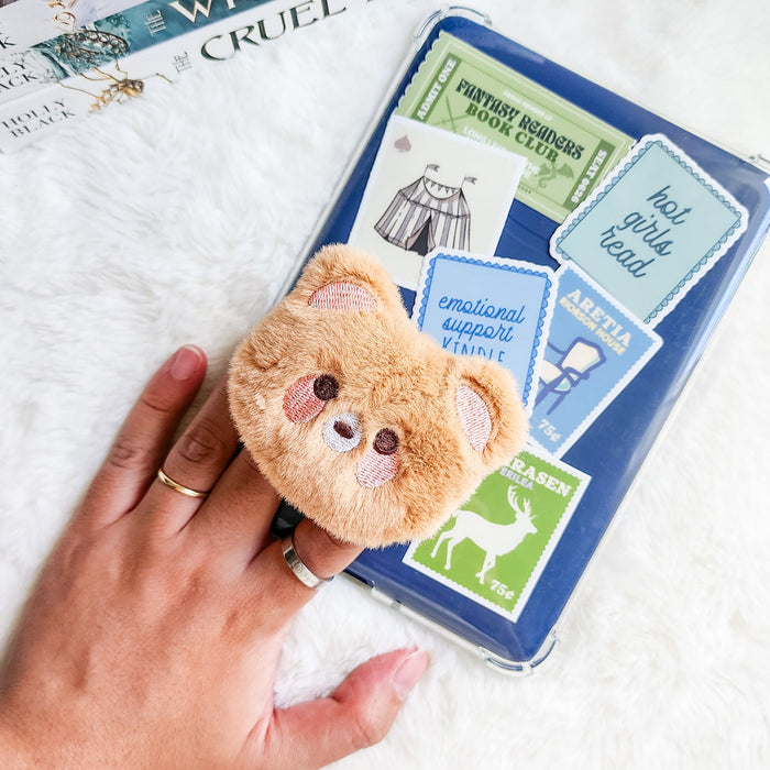 Brown Bear Plush Foldable Adhesive Kindle Grip - The Bean Workshop - kindle grip, reading accessories
