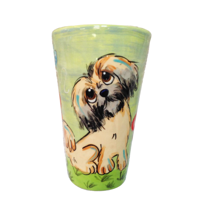 image of brussels griffon dog breed featured on green ceramic tall latte ceramic mug hand painted by Debby Carman
