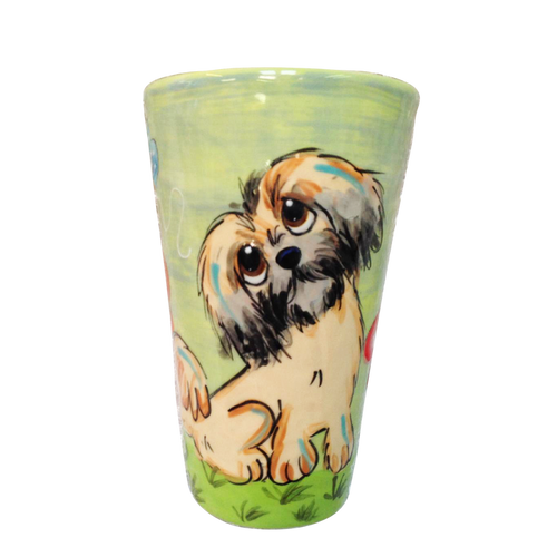 image of brussels griffon dog breed featured on green ceramic tall latte ceramic mug hand painted by Debby Carman