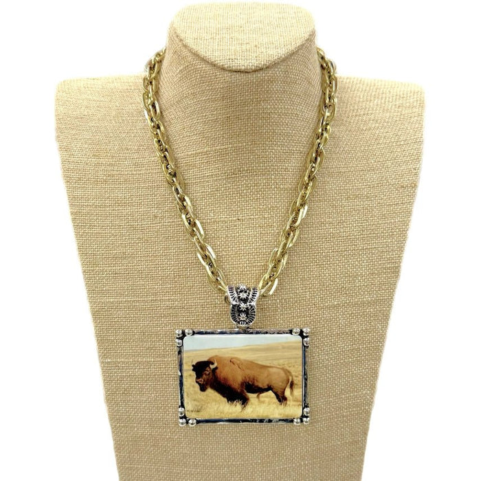 Buffalo Art Tile Gold Link Chain Necklace