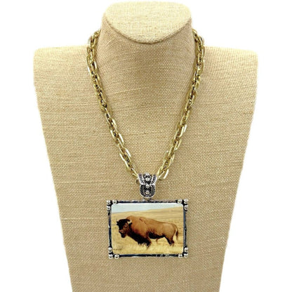 Buffalo Art Tile Gold Link Chain Necklace