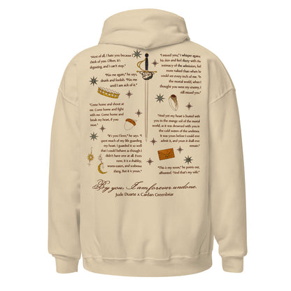 By You I am Forever Undone Hoodie - The Bean Workshop - Bookish Hoodie, Cardan Greenbriar, Dark Academia Aesthetic, Faeriecore, Fantasy Book Merch, Folk of the Air apparel for readers, Forever Undone Quote, Holly Black fan merchandise, Jude and Cardan quotes hooded sweatshirt, Jude Duarte, Jurdan, The Cruel Prince hoodie, Two-Sided Hoodie