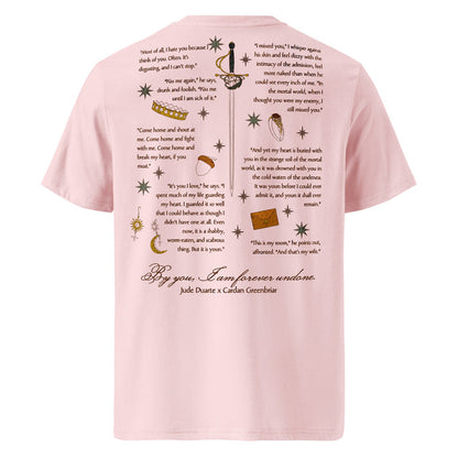 By You I am Forever Undone T-shirt - The Bean Workshop - Book Lover Gift, By you I am forever undone merch, Cardan Greenbriar, Dark Academia, Faeriecore, Folk of the Air, Holly Black licensed apparel, Jude and Cardan quotes shirt, Jude Duarte, Jurdan, Romantic Fantasy Tee, The Cruel Prince t-shirt, Two-Sided Shirt