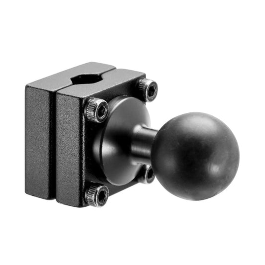 The Car Headrest Mount Pedestal - 25mm (1 inch) Ball Compatible is a black metal adapter with a square clamp base, secured by four screws, designed for attaching accessories to car headrest or back seat mounts.