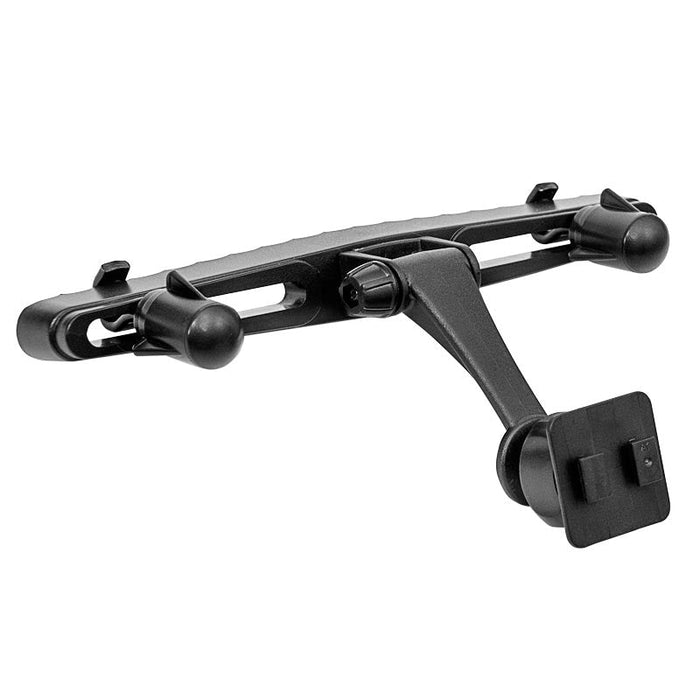 The Car Seat Headrest Mount Pedestal with Tiltable Arm, featuring a black plastic design and dual T-Tab compatibility, securely holds tablets on the back of a car seat with adjustable arms and clamps.