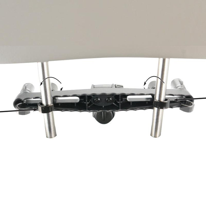 Close-up of a black and silver Car Seat Headrest Mount Pedestal with a tiltable arm, featuring arrow markings for positioning—compatible with dual T-Tab devices for versatile in-car mounting.