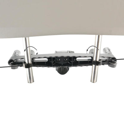 Close-up of a black and silver Car Seat Headrest Mount Pedestal with a tiltable arm, featuring arrow markings for positioning—compatible with dual T-Tab devices for versatile in-car mounting.