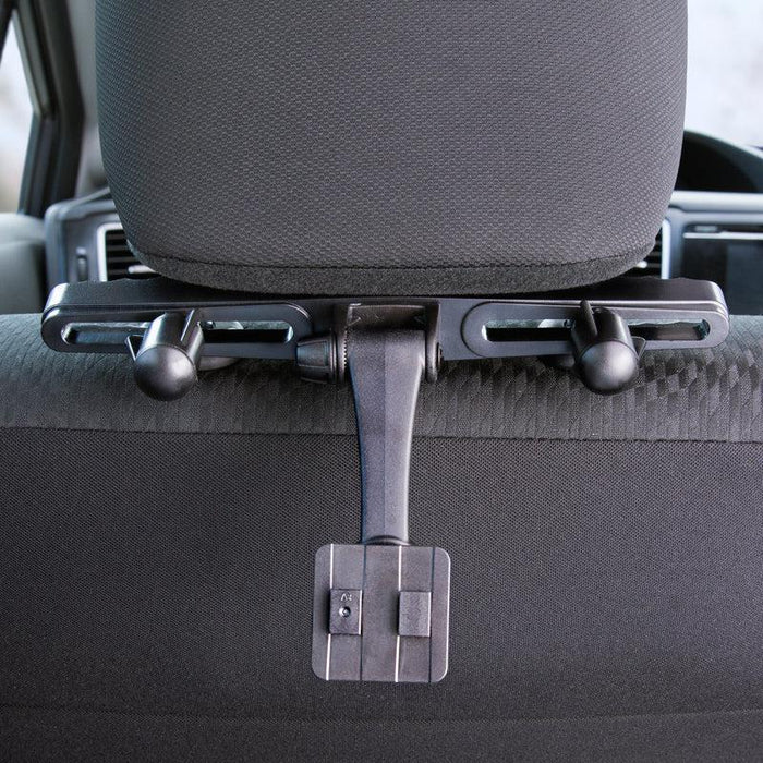 The Car Seat Headrest Mount Pedestal with Tiltable Arm and Dual T-Tab compatibility attaches to your car seat headrest, allowing you to securely mount devices or accessories in your vehicle.