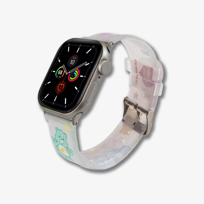 Angled close-up of Care Bears pastel jelly Apple Watch band showing translucent material and printed characters on light background