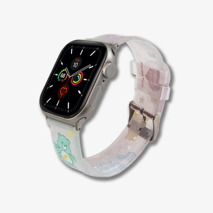 Angled close-up of Care Bears pastel jelly Apple Watch band showing translucent material and printed characters on light background