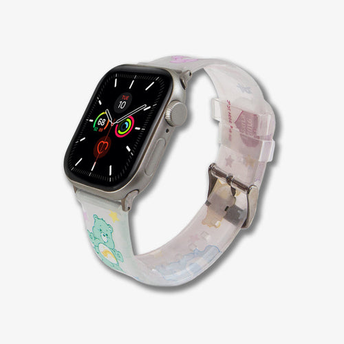 Angled close-up of Care Bears pastel jelly Apple Watch band showing translucent material and printed characters on light background