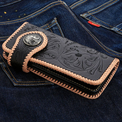 Indian head snap concho on the handcrafted leather trucker wallet.
