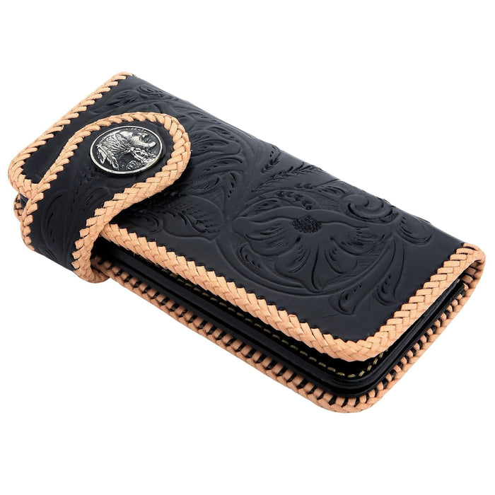The handmade genuine cowhide biker wallet with its floral carving and Indian snap, shown on a clean white background.