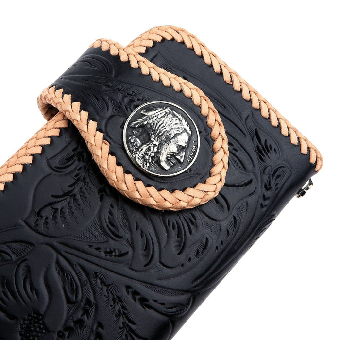 A detailed view of the biker wallet showing the sterling silver grommet used for attaching a wallet chain.