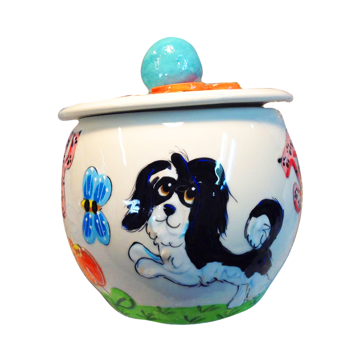 havanese in garden painted on ceramic treat jar by debby carman