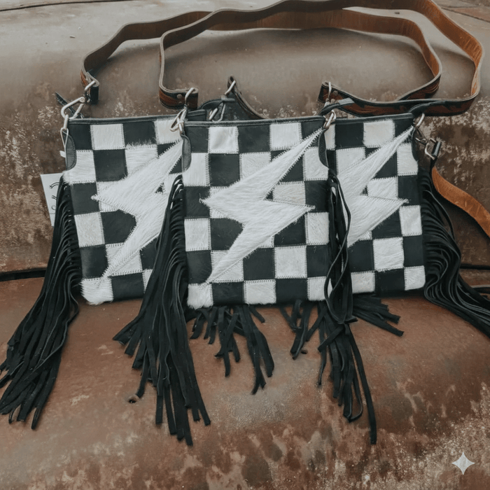 Checkered Bolt Fringe Crossbody Bag